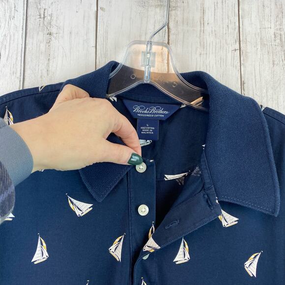 Brooks Brothers Sailboat Print Polo Shirt Navy Mercerized Cotton Men Size Large - Picture 7 of 10